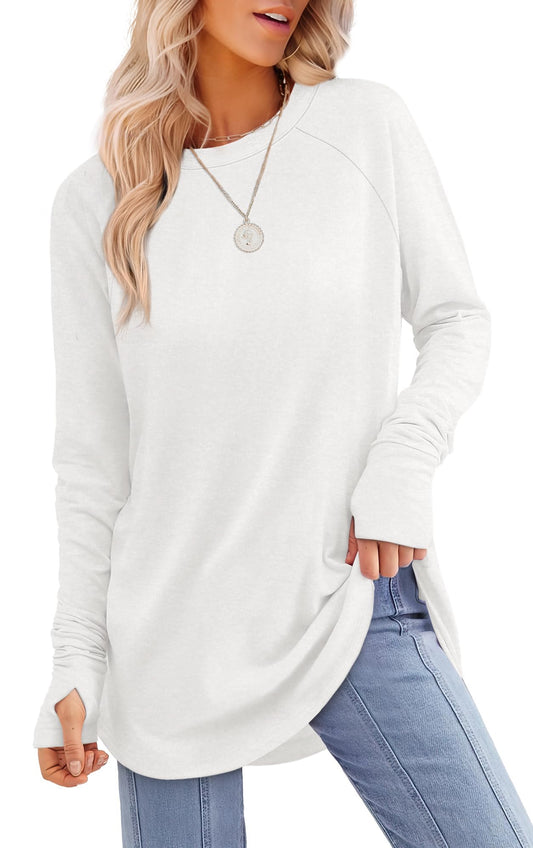 XIEERDUO Womens Tunic Tops to Wear with Leggings Long Sleeve Thumb Hole Shirts Crew Neck Curved Hem
