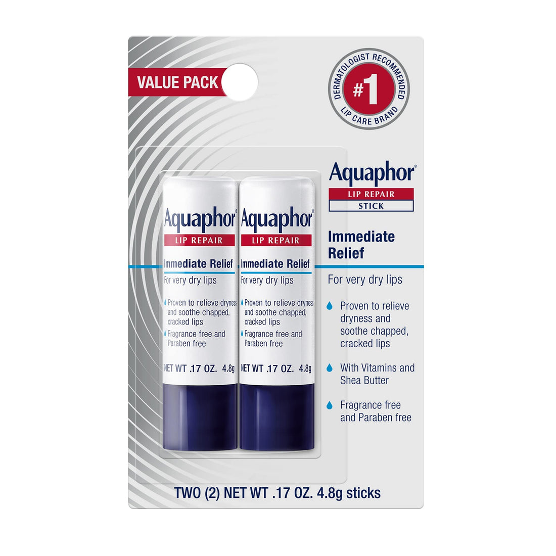 Aquaphor Lip Repair Stick, Lip Protectant, Moisturizing Lip Balm Multipack, 0.17 Oz, 2 Pack.