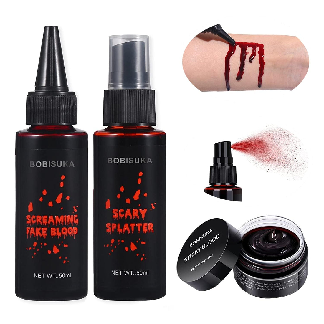 BOBISUKA 3PCS Halloween Fake Blood Makeup Kit - Coagulated Blood 1.41oz + Fake Blood Spray 1.76oz ...