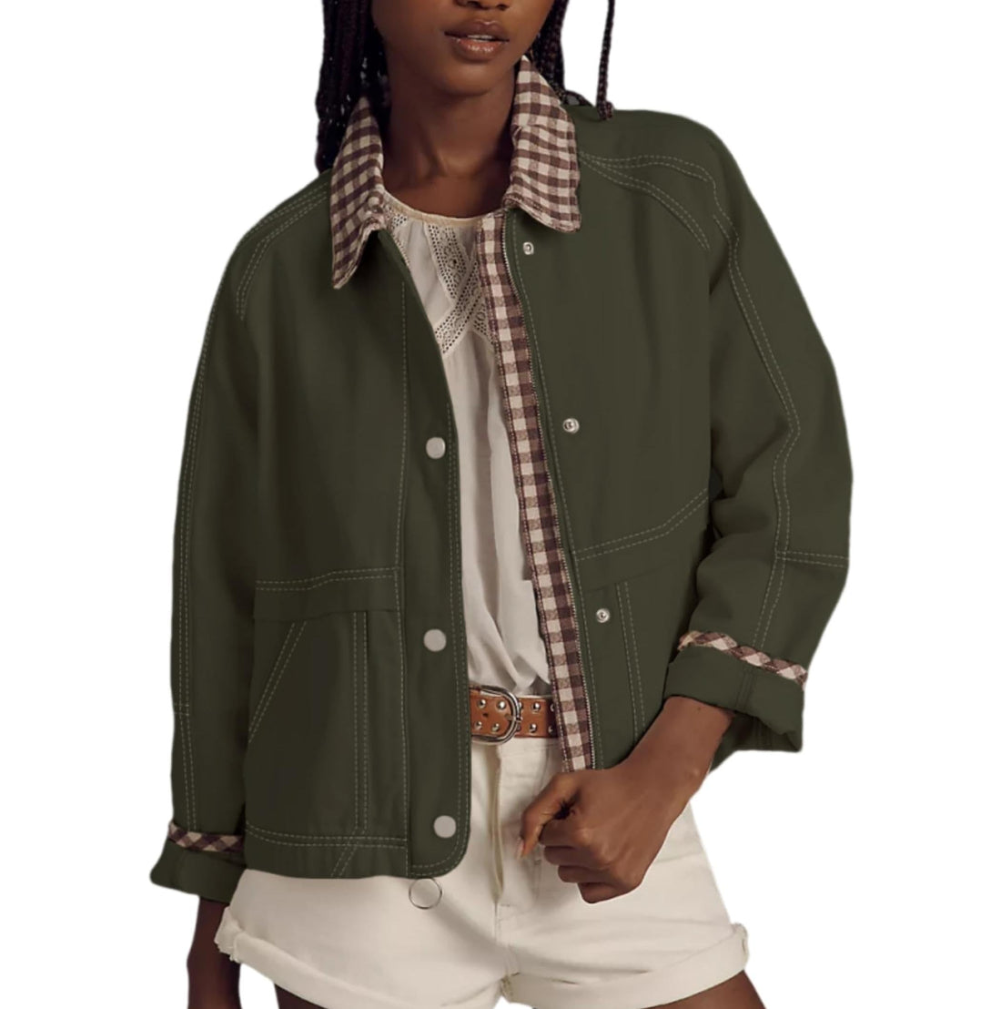 Women's Denim Jacket with Snap Button and Plaid Collar