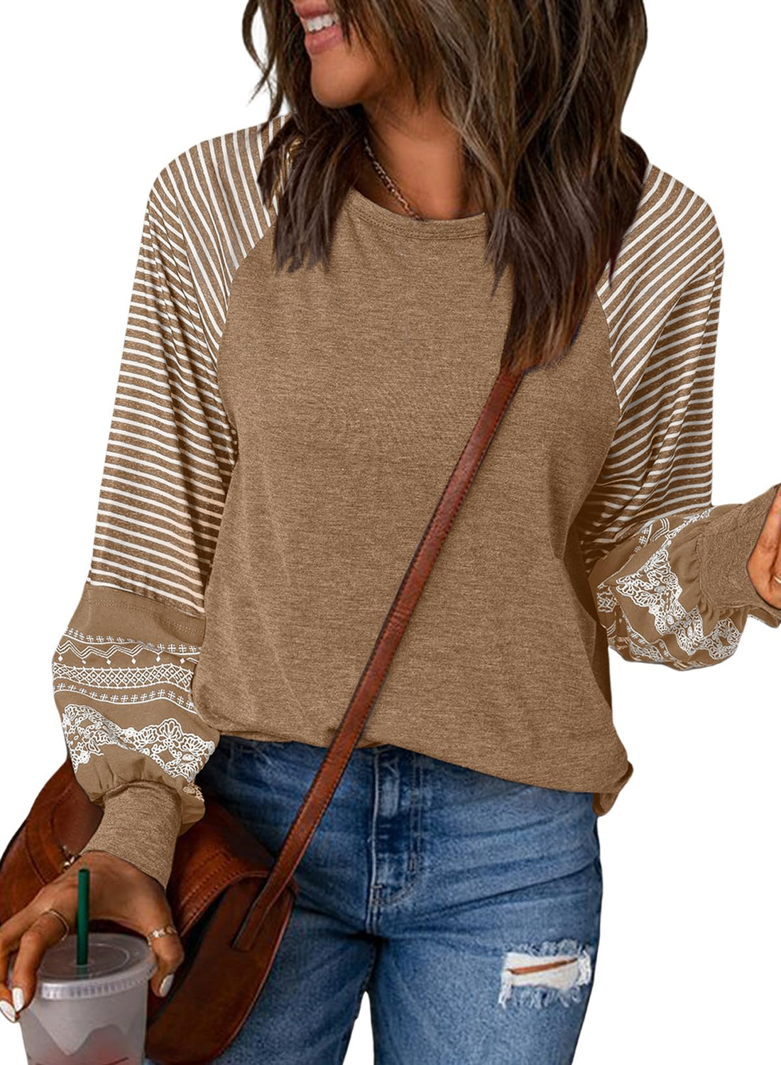 Women's Crew Neck Striped Raglan Long Sleeve Tunics and Pullovers.