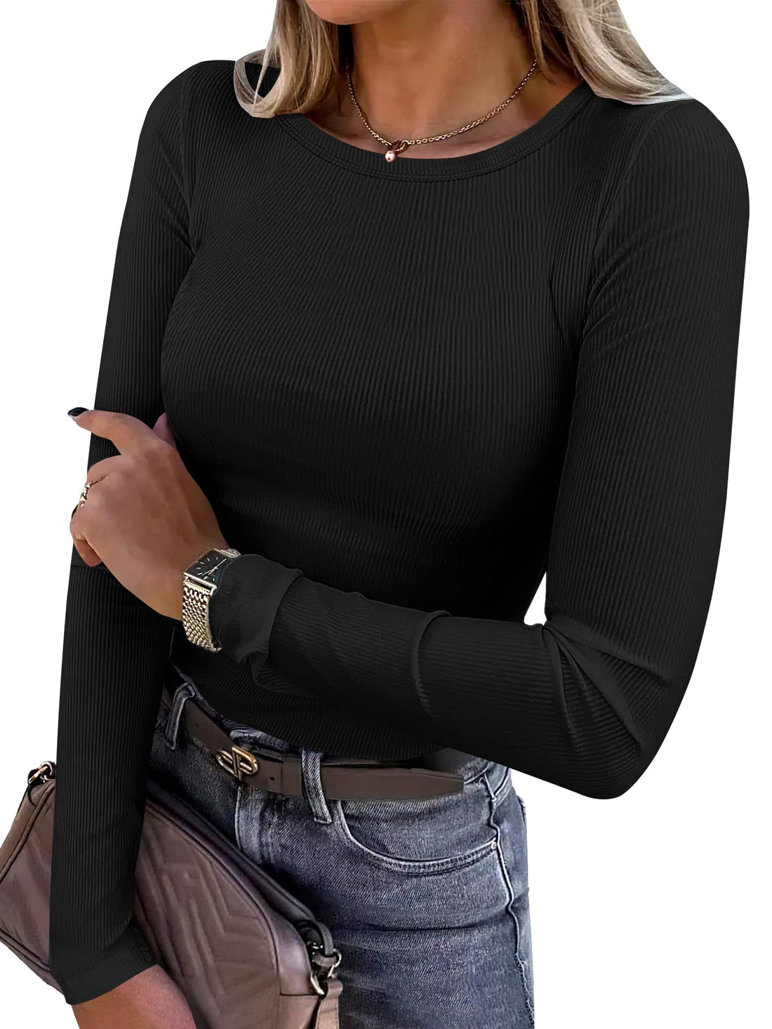 Casual Women's Long Sleeve Ribbed T-Shirt for Workout and Everyday.