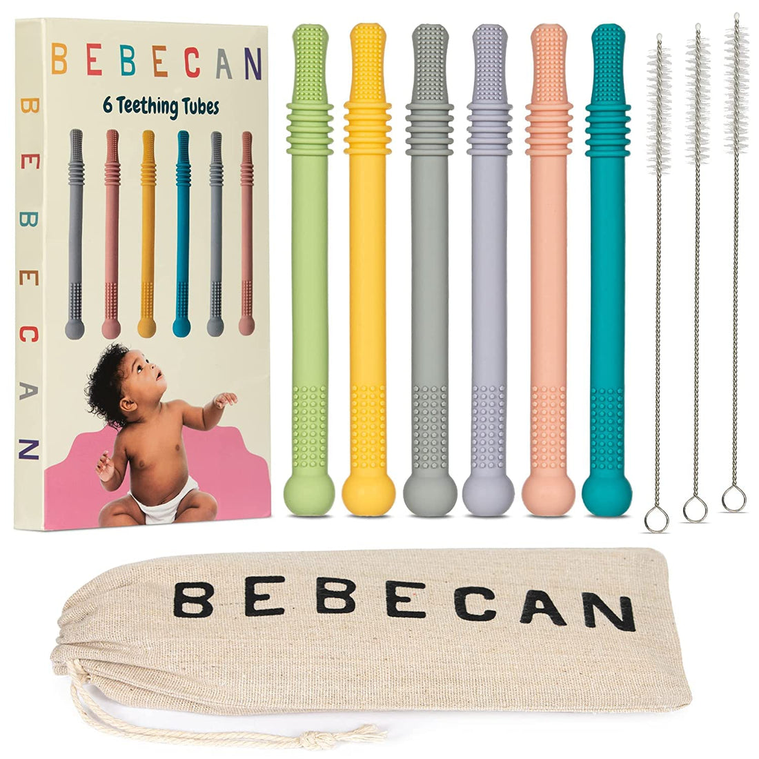 BEBECAN Teething Sticks for Babies 0-36 Months - Super Soft Silicone Teethers in 6 Vibrant Colors, Infant Teething ...