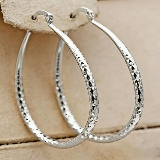 Silver Embossed Rhombus Hoop Earrings