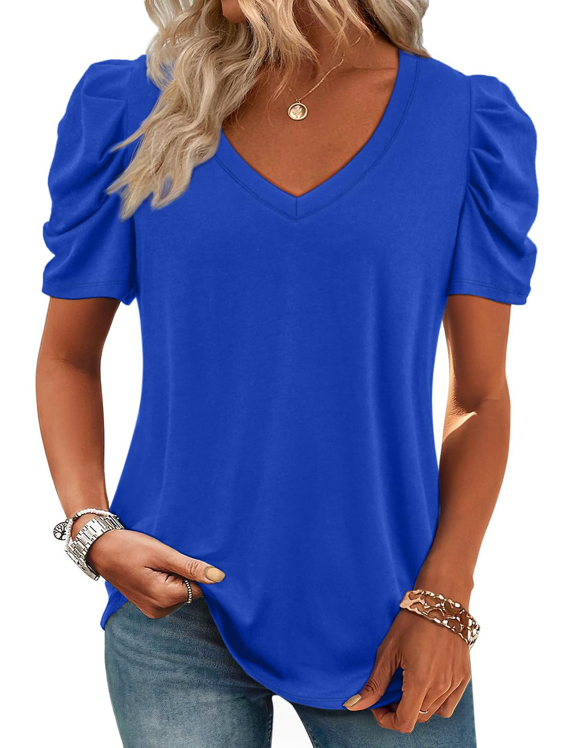 Royal Blue V Neck Puff Sleeve Blouse for Women
