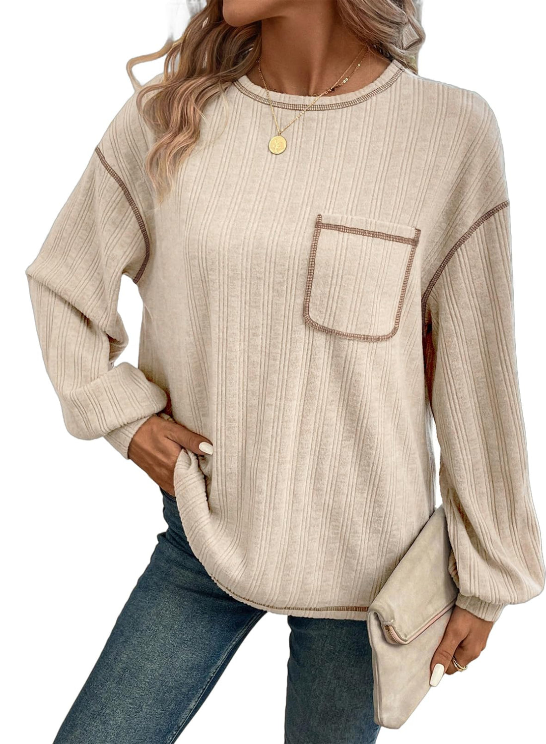 Dokotoo Long Sleeve Shirts for Women 2024 Casual Solid Crewneck Knitted Loose Fit Pullover Shirts ...