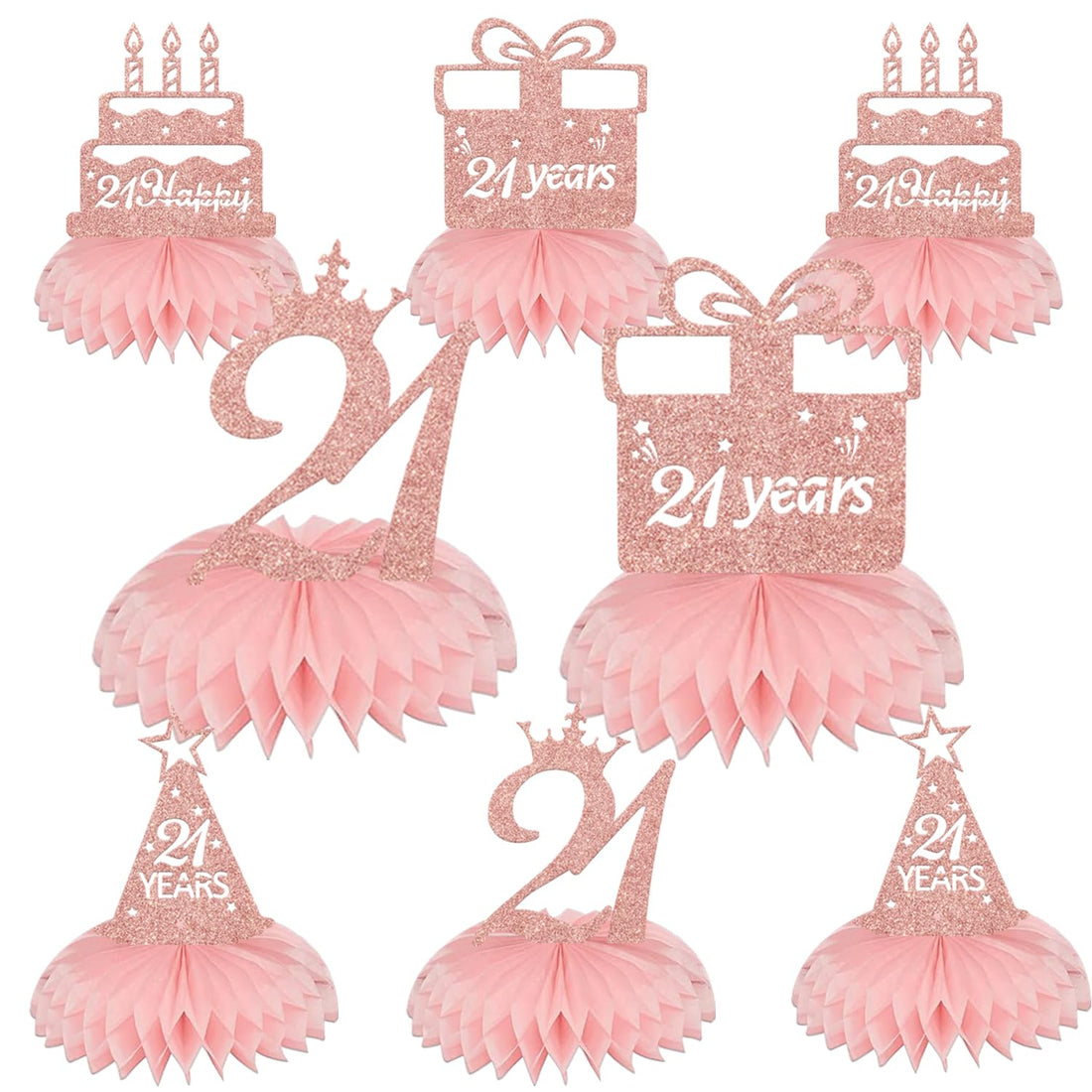 21st Birthday Pink Rose Gold Decorations & Honeycomb Centerpieces for Her