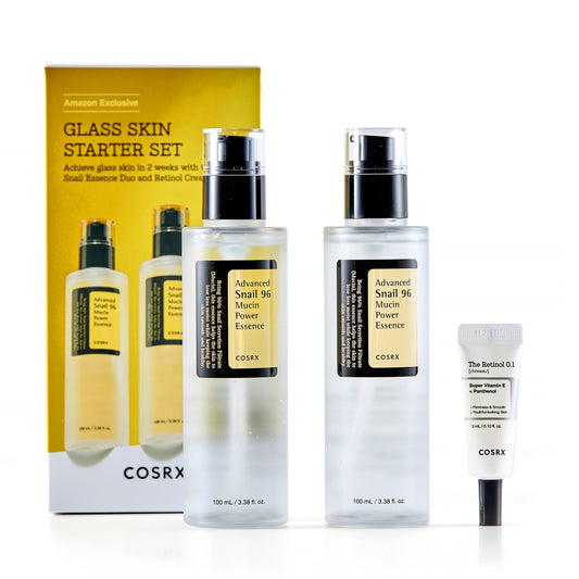 Anti-aging skincare starter set with snail mucin and retinol skincare items.