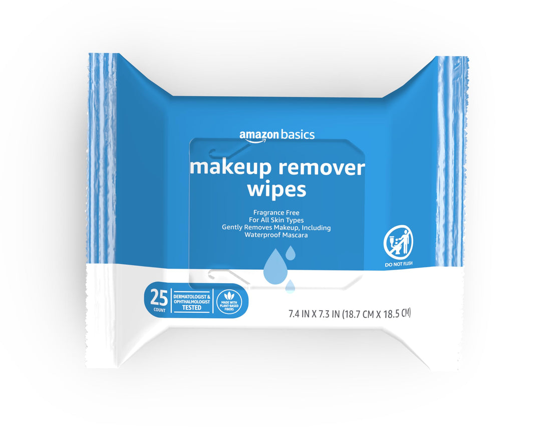 Amazon Basics Fragrance Free Makeup Remover Wipes, 25 wipes.