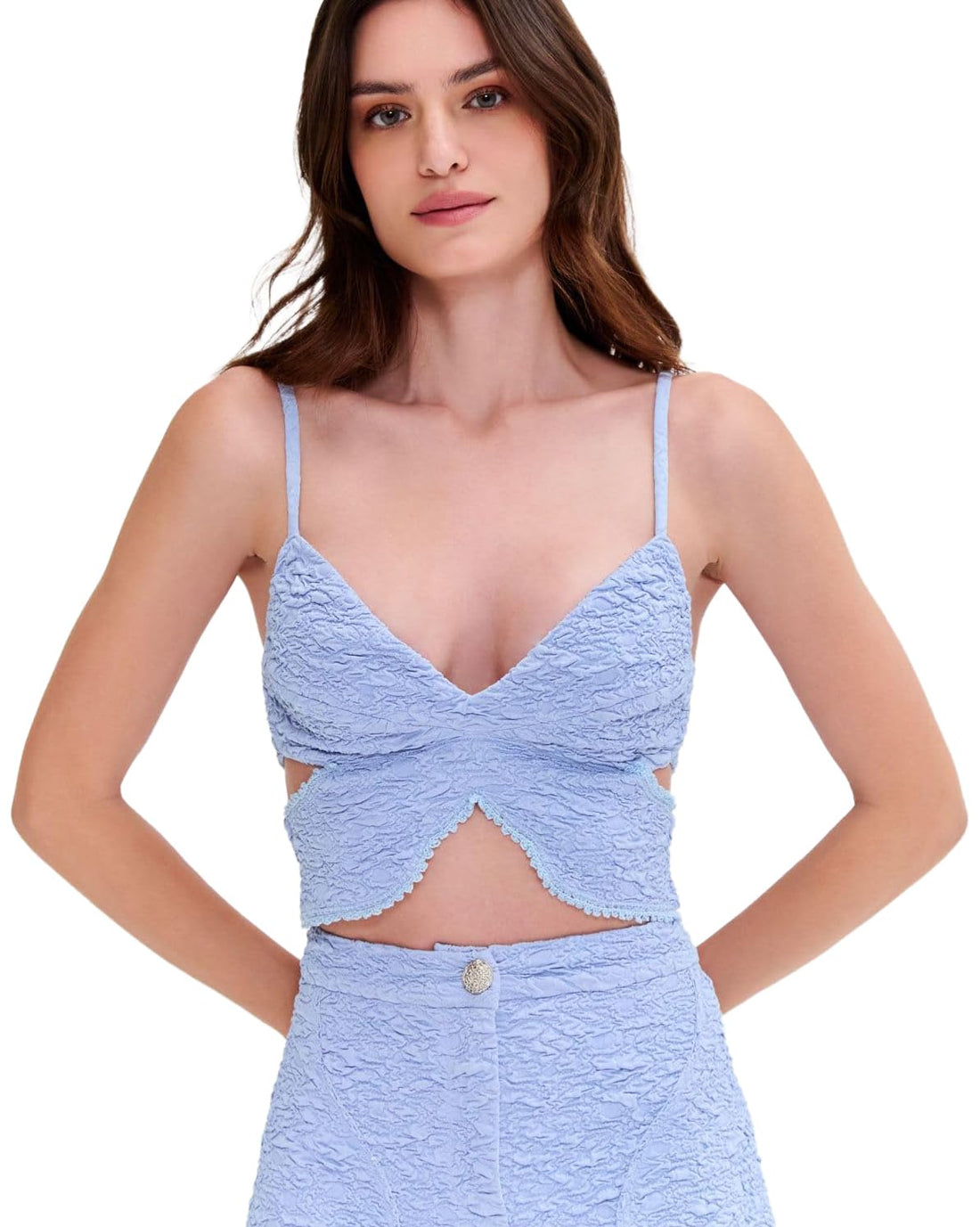 Delicate, hand-woven Papillon Jacquard Butterfly Women's Top with Lace Details