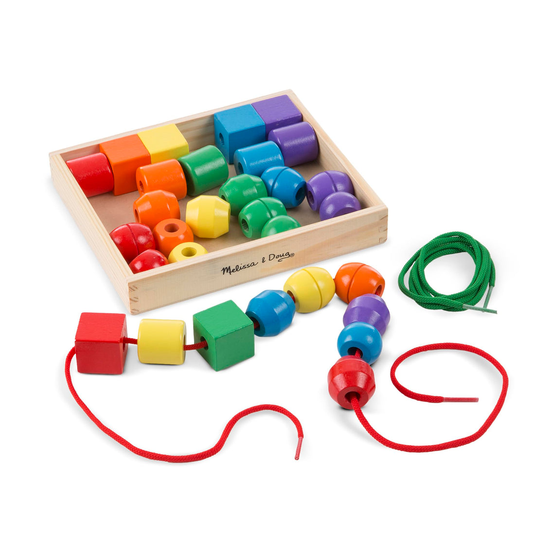 Melissa ⁘ Doug Primary Lacing Beads - Educational Toy With 8 Wooden Beads and 2 Laces.