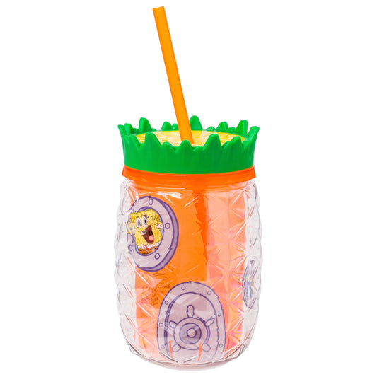 Silver Buffalo SpongeBob and Gary Pineapple Double Wall Tumbler with Lid and Straw, 16 Ounces.