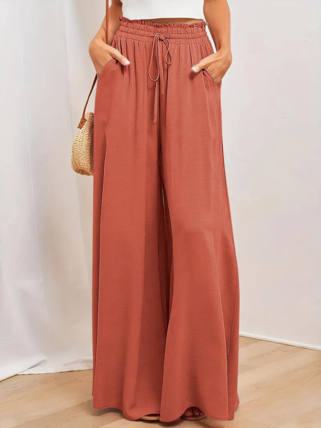 Women's Flowy Wide Leg Palazzo Pants with High Waist Drawstring.