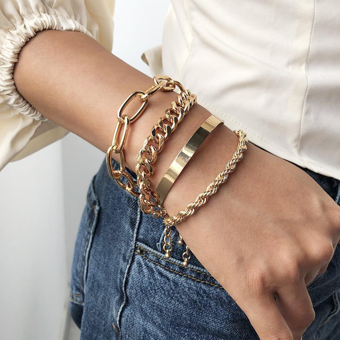 Gold Chain Bracelets Set for Women - 18K Real Gold Plated Link Chain, Trendy Stackable Cuff ...