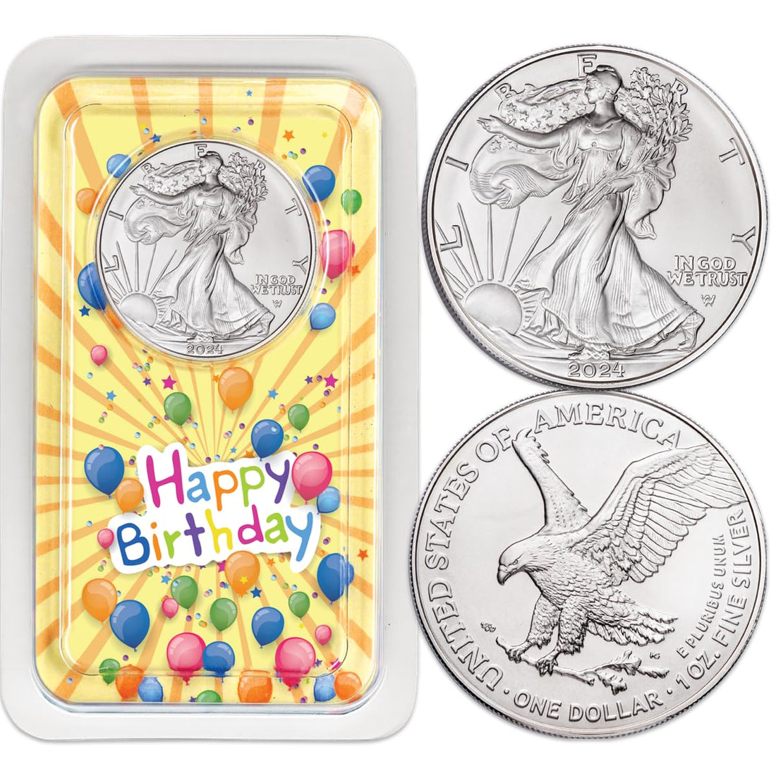 2024 American Silver Eagle Dollar Uncirculated Coin in Happy Birthday Showpak Holder.