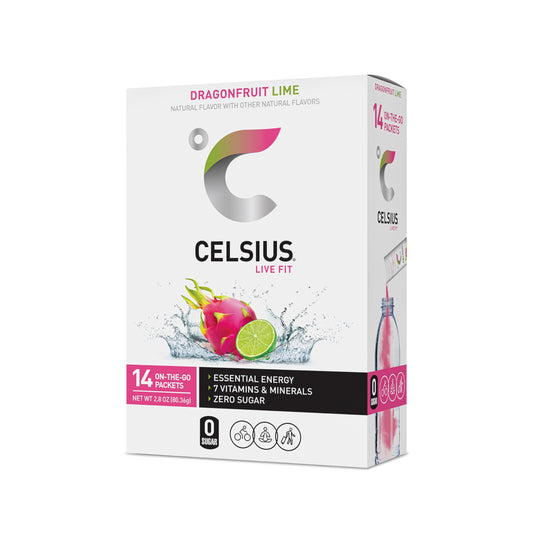 CELSIUS® On-the-Go Powder Sticks Dragonfruit Lime, Essential Energy 2.8 Oz (14 Sticks per Pack).