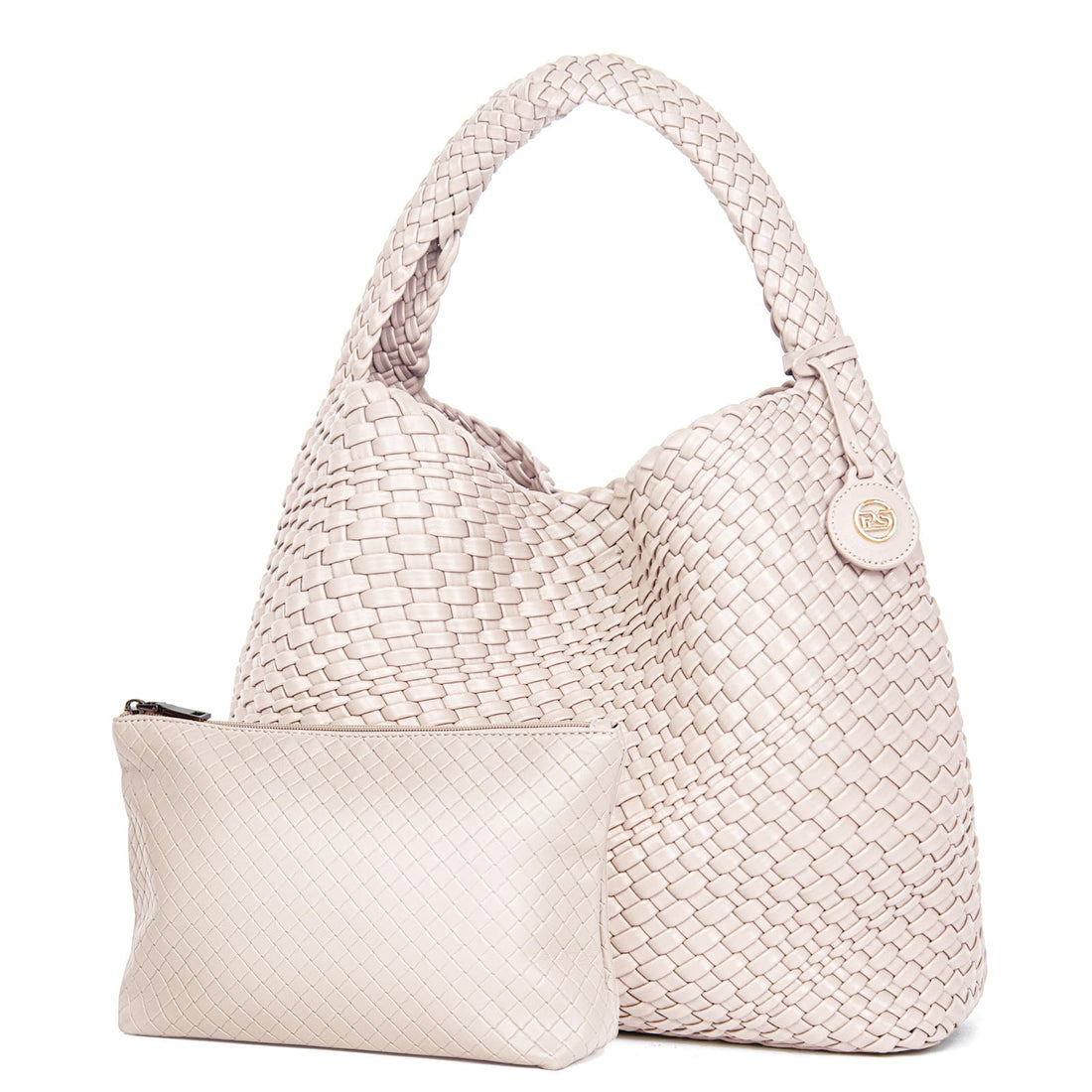 Elegant Woven Leather Handbag with Braided Purse, Perfect for Travel.