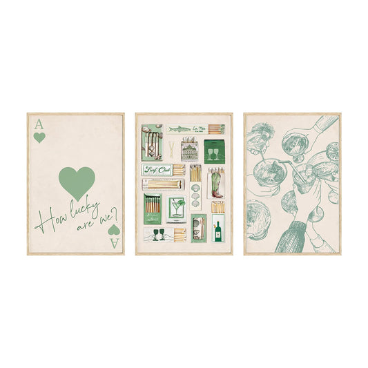 Green Preppy Matchbox Wall Art Set of 3 with Vintage Cocktail Poster
