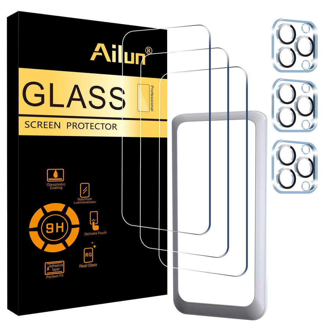 Ailun 3 Pack Screen Protector for iPhone 15 Pro Max [6.7 inch] + 3 Pack Camera Lens Protector with Installation Frame,Sensor