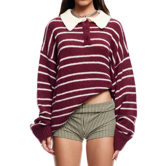 Oversized Striped Polo Sweater for Women - Vintage Preppy Knit Pullover Top