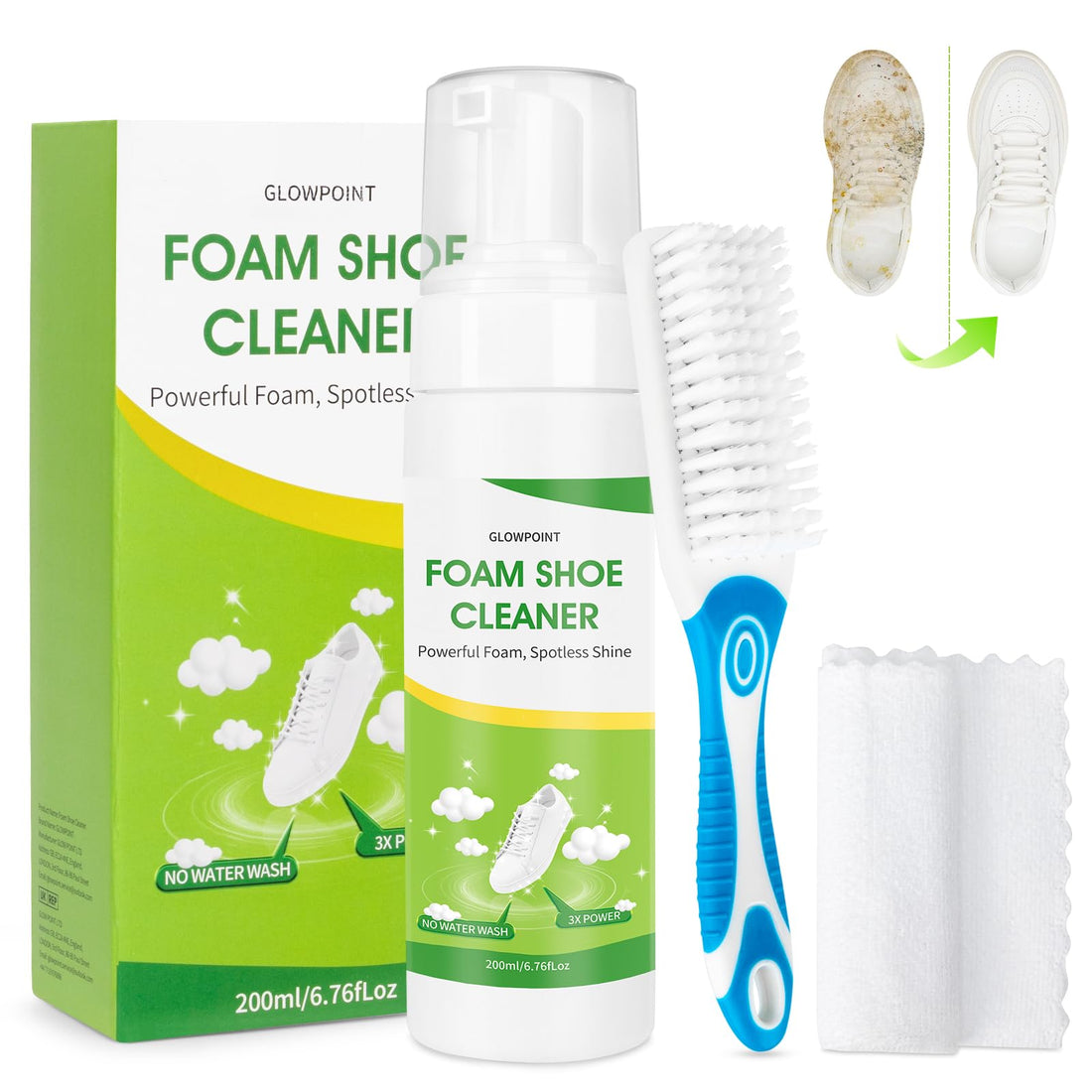 GLOWPOINT White Shoe Cleaner Foam Kit for Sneakers and Leather Shoes