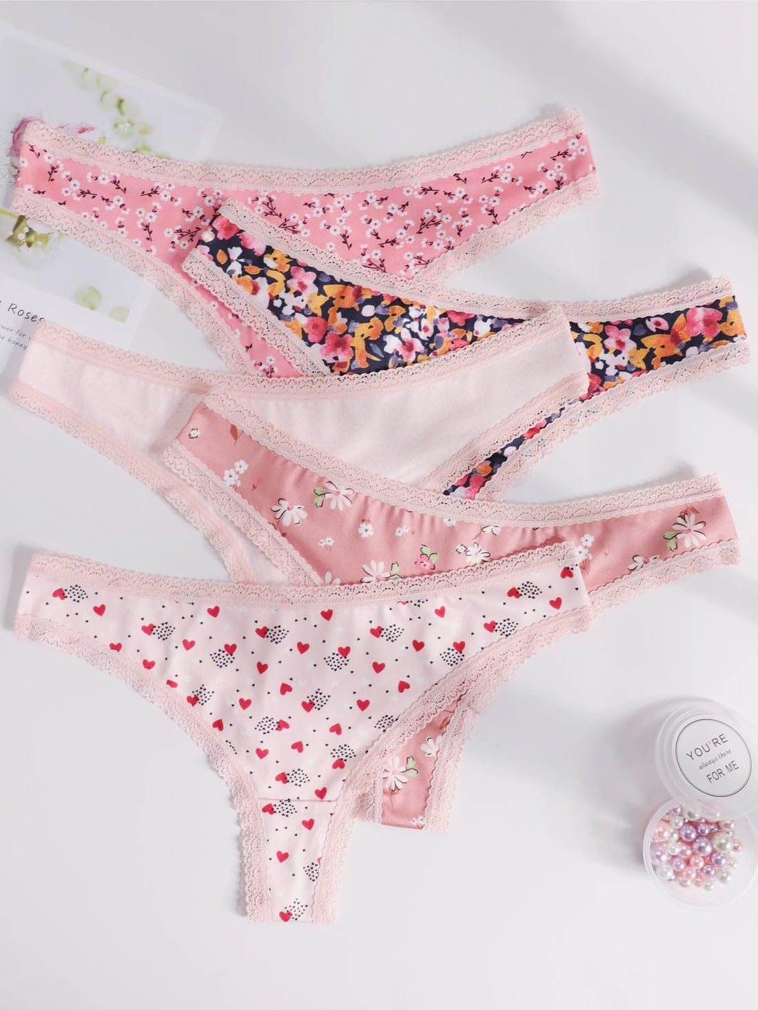 Women's Sexy Cute Thong Panties 5-Pack Set with Floral & Heart Prints