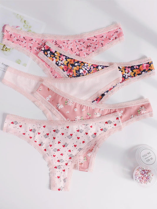 Women's Sexy Cute Thong Panties 5-Pack Set with Floral & Heart Prints