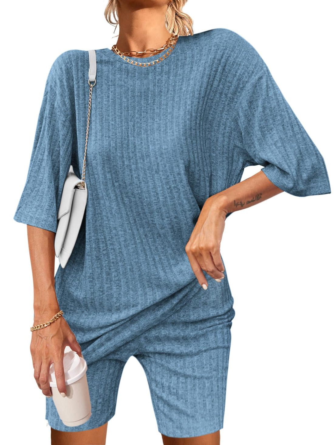 Ekouaer Pajamas 2 Piece Lounge Sets Ribbed Knit Matching Outfits T-shirt Biker Shorts Sleepwear Loungewear ...