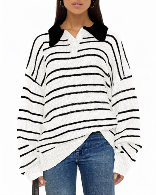 Oversized Striped Knit Polo Shirts for Women
