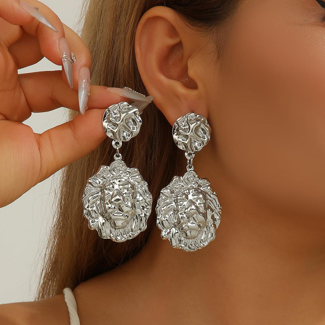 Silver Lion Head Dangle Earrings: Hypoallergenic & Lightweight Statement Piece