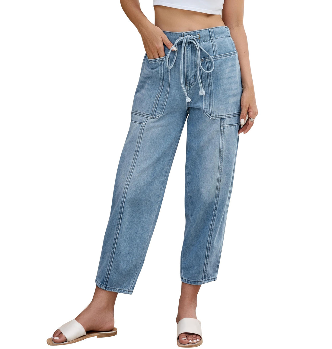 Women's Wide Leg Baggy Jeans Elastic Low Rise Barrel Jean Loose Boyfriend Denim Pants with ...