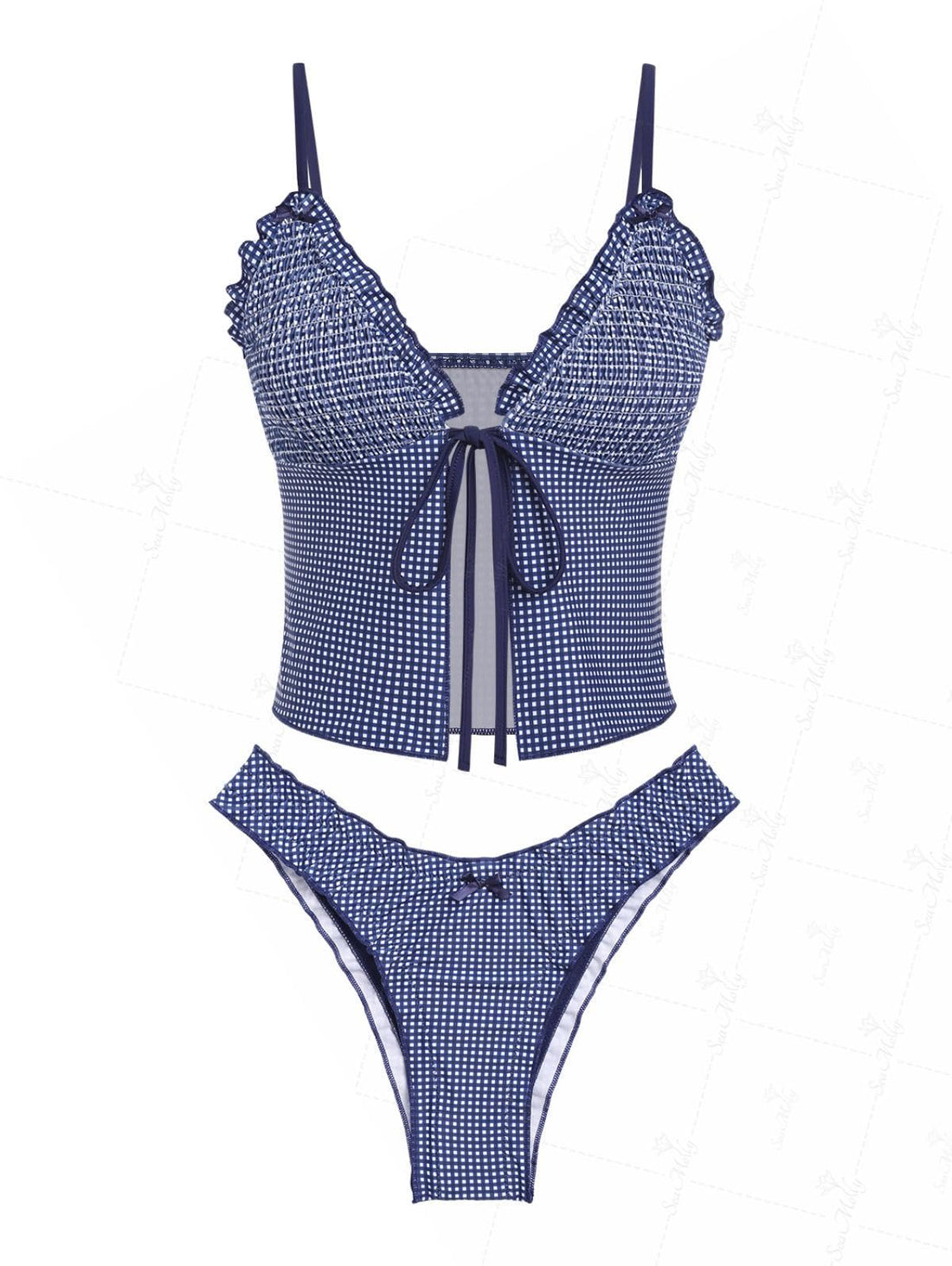 Seamoly Gingham Bowknot Decor Smocked Ruffles Tie Front Tankini Set