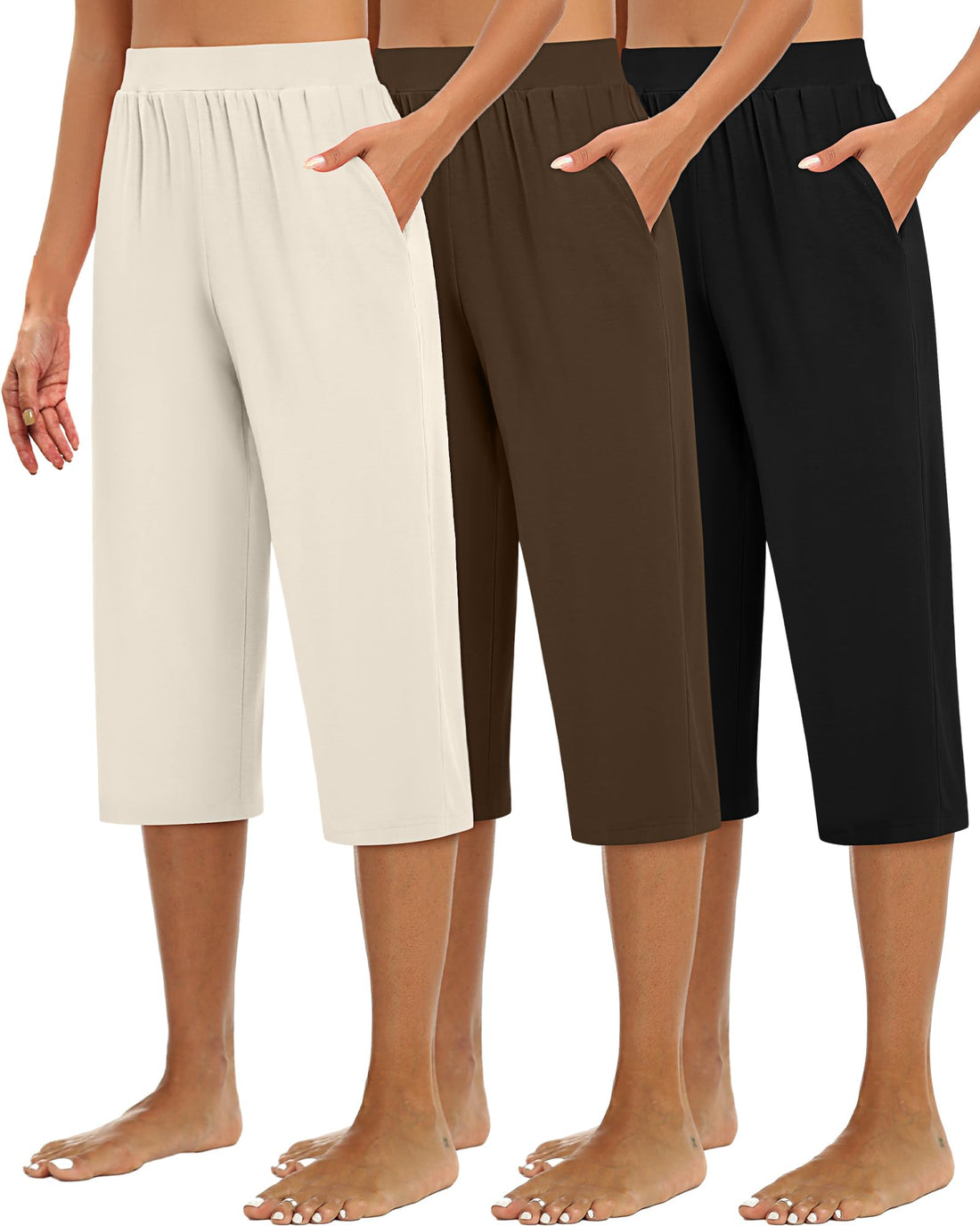 Huukeay 3 Pack Women's Capri Sweatpants, Cozy Wide Legs Cropped Capri with Pockets, Lounge Jogger Pants Workout Yoga ...