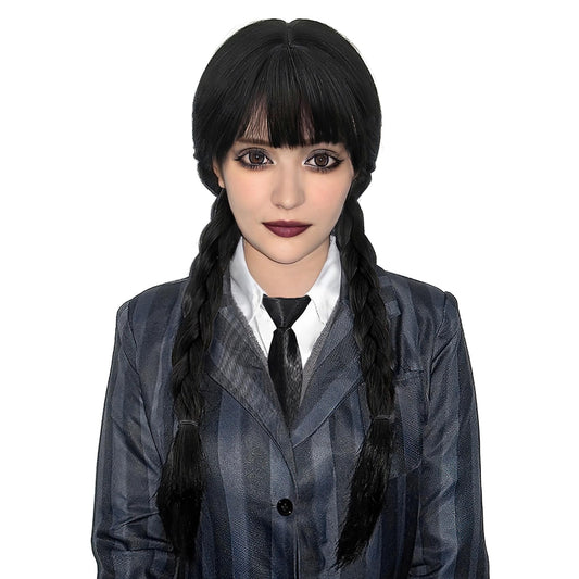 MUPUL Black Braided Wig With Bangs Long Braid Wig Cosplay Halloween Costume Wigs For Women.