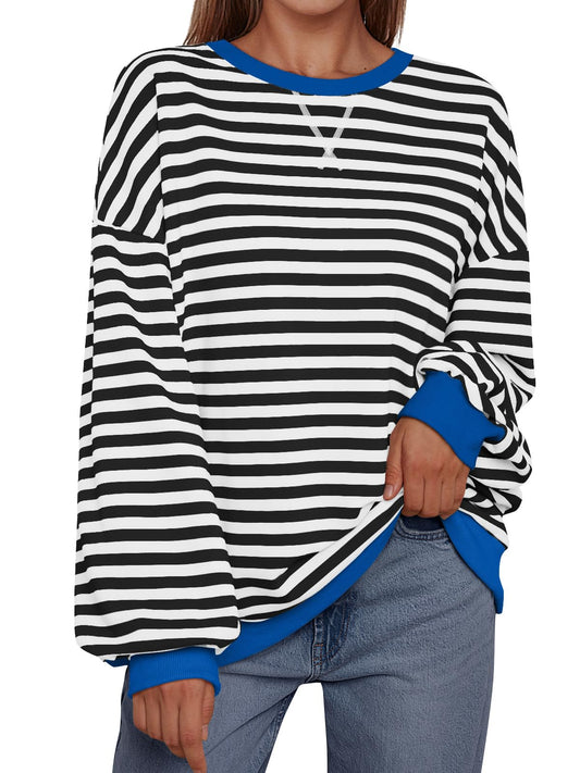 Women's Fashion Trend: Oversized Fall Crewneck Sweatshirt with Stripes.