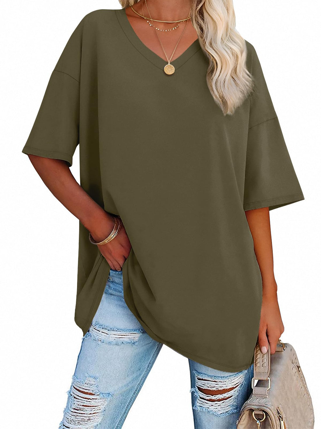 ATHMILE Womens Oversized T Shirts V Neck Tees Half Sleeve Cozy Comfy Tunic 2024 Y2K Tops Casual.