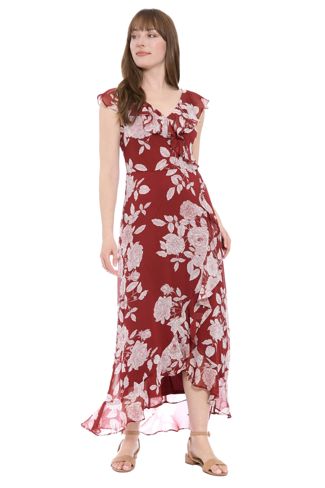 Women's Chiffon Faux Wrap Ruffle Maxi Dress for Wedding Guest