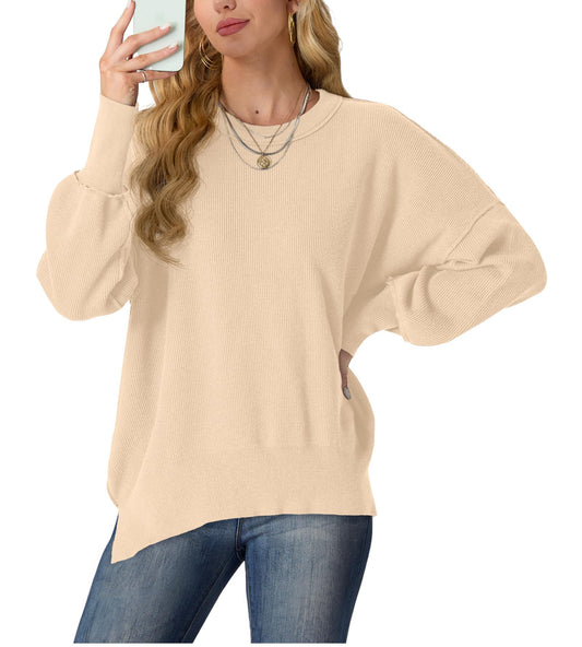 Womens Crewneck Batwing Long Sleeve Sweaters Fall 2024 Oversized Side Slit Ribbed Knit Sweaters ...