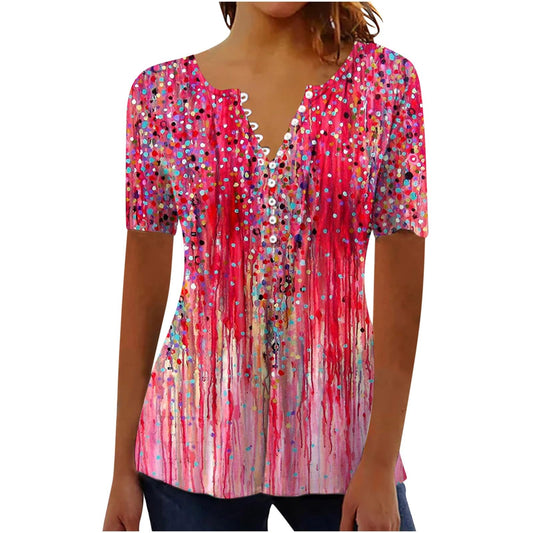 Summer Tops for Women 2024 Trendy Boho Floral Print Tunic Shirts Short Sleeve Button v Neck Tshirt Casual Loose ...