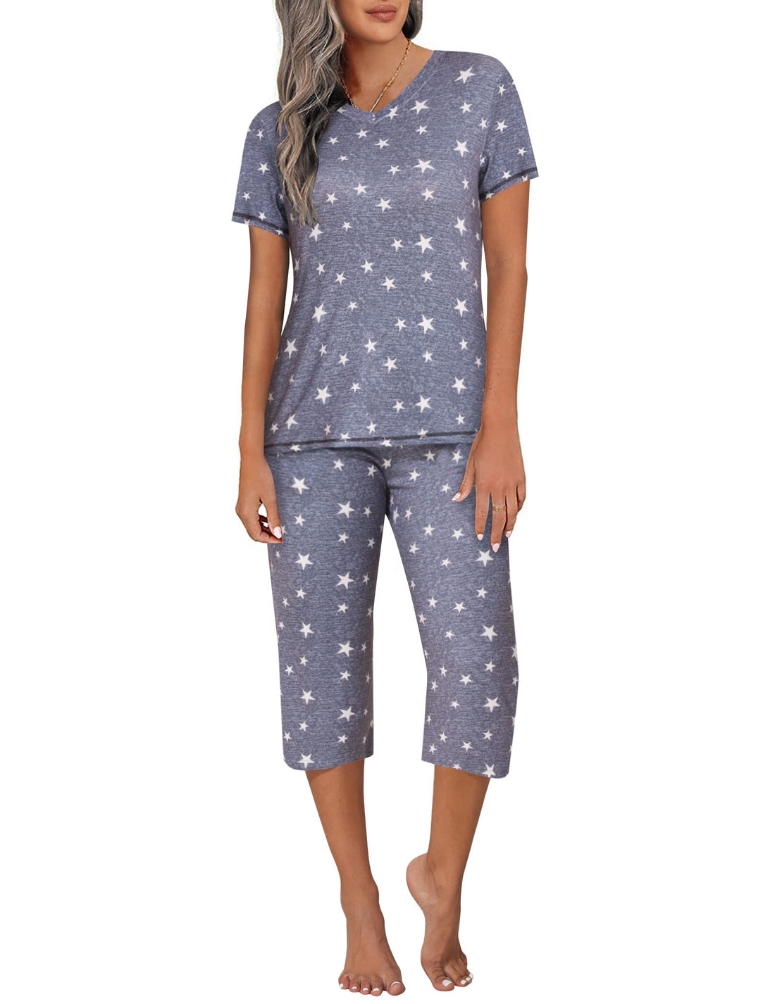 Ekouaer Women's Sleepwear Capri Pajama Sets Short Sleeve Two-Piece Pjs V Neck Tops ⁘ Capri Pants with Pockets ...