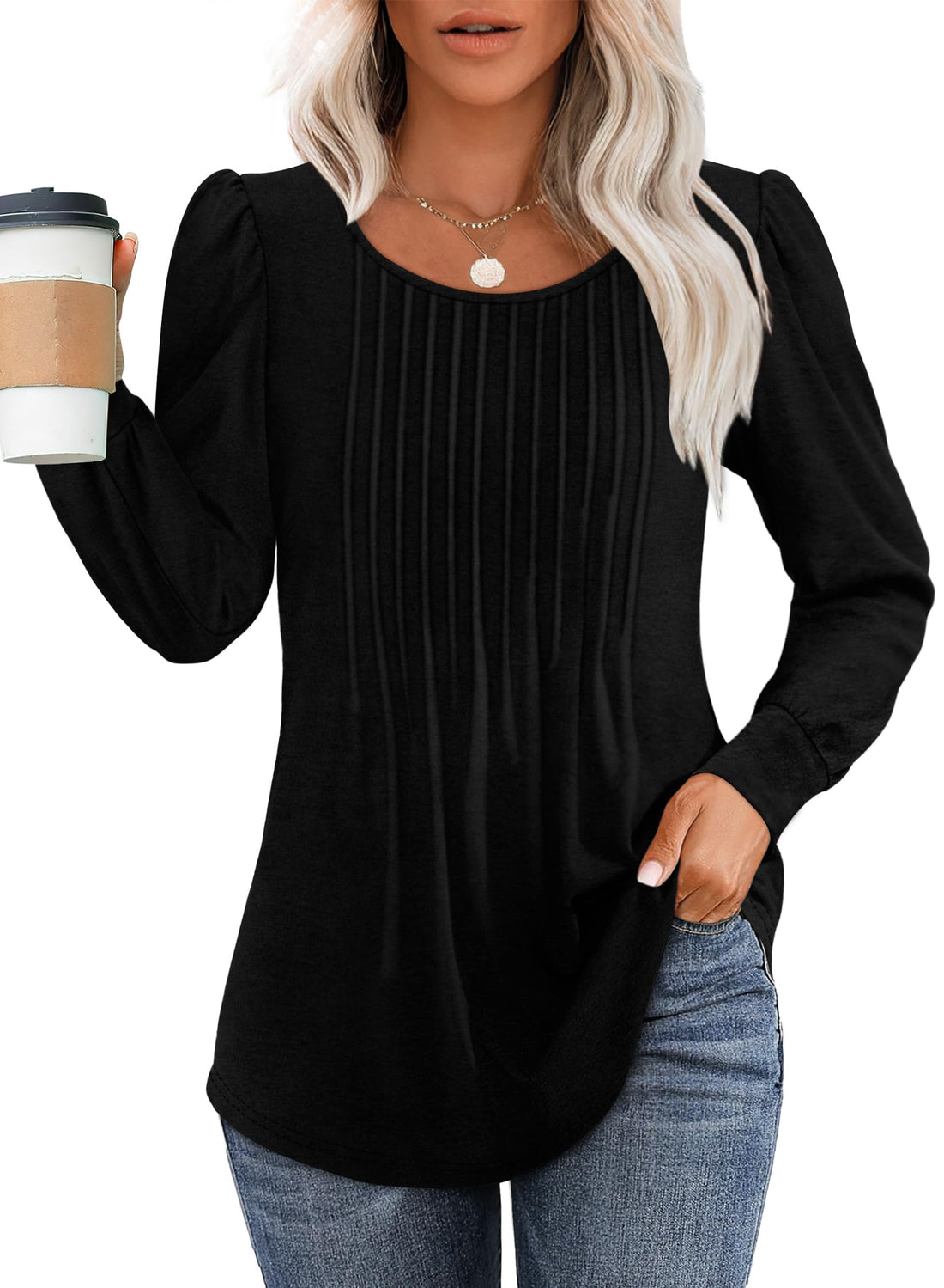 OFEEFAN Long Sleeve Shirts for Women Fall Tops Dressy Casual Blouses Pleated Scooped Neck Tunic Tops for ...