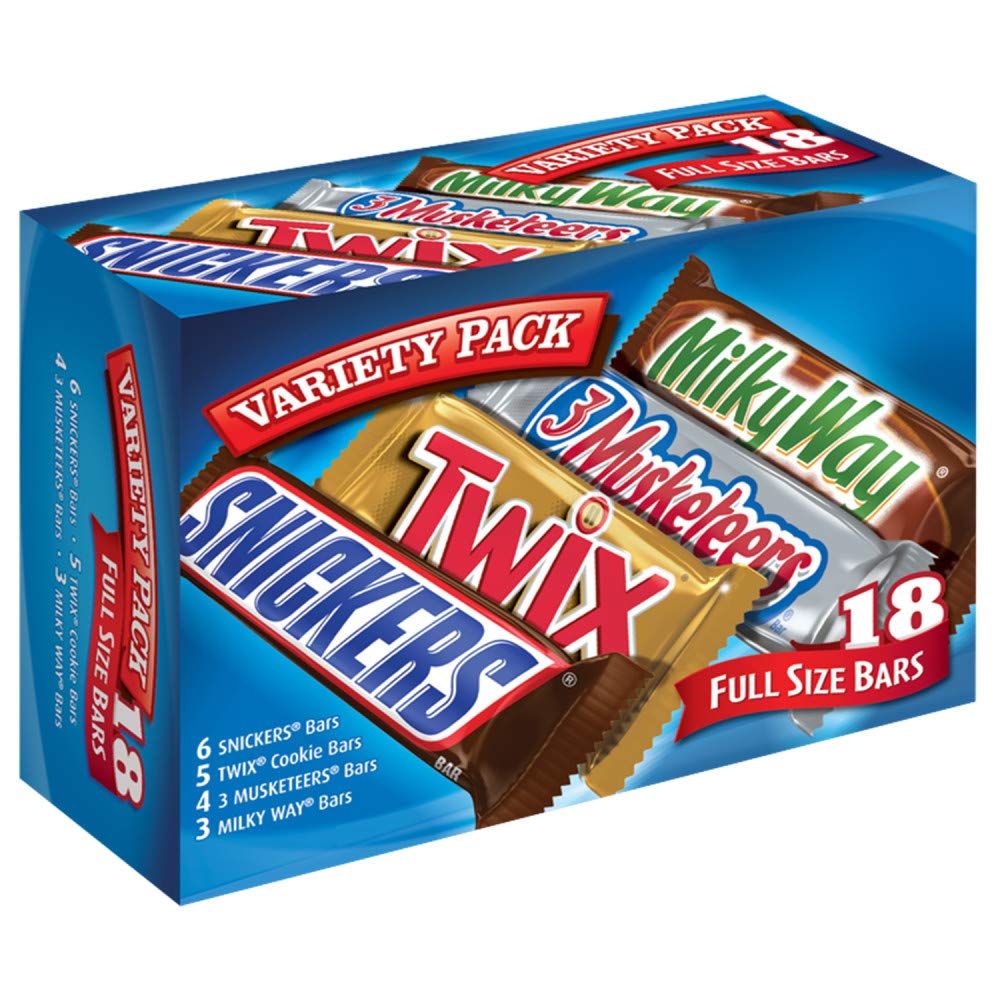Individually Wrapped Mars, Twix, Milky Way, and 3 Musketeers Variety Pack.
