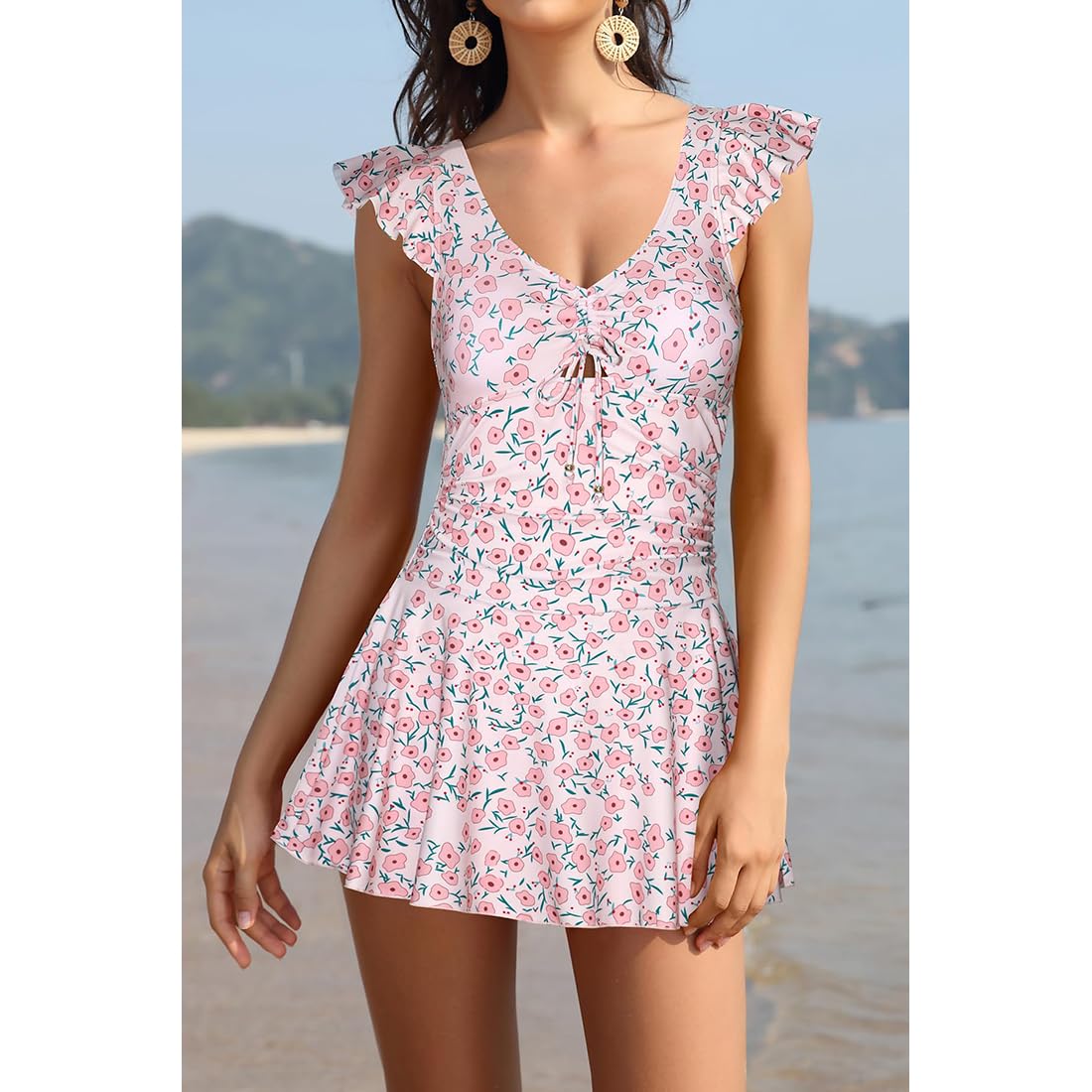 Elegant One-Piece Swimsuit with Tummy Control and Ruffled Details Pink Large Swimsuit