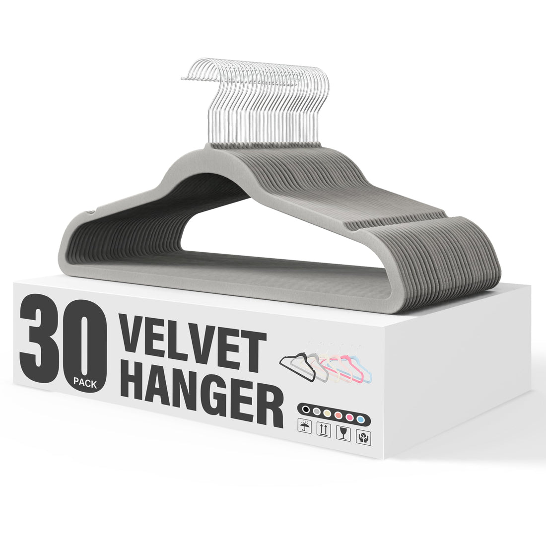 Non-slip velvet hangers with shoulder notches for closet space saving.