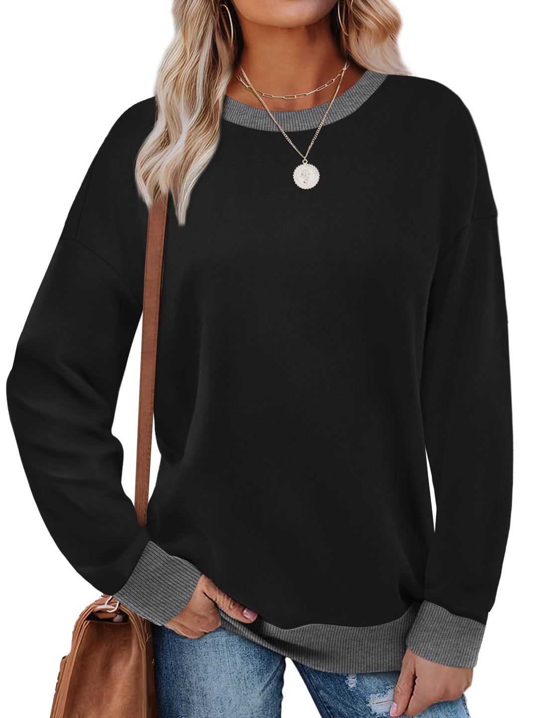 Color Block Ribbed Trim Crewneck Sweatshirts for Women's Fashion 2024