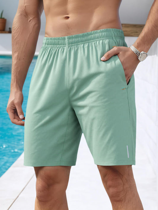 Green Gym Shorts for Men with Elastic Waist and Pockets