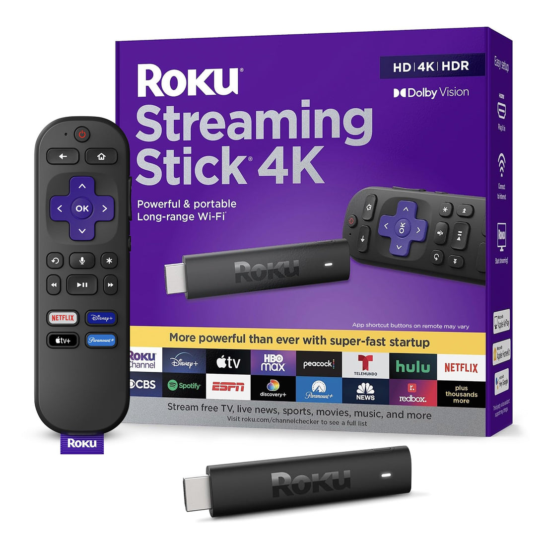 Roku Streaming Stick 4K | Portable Roku Streaming Device 4K/HDR/Dolby Vision, Roku Voice Remote, ...