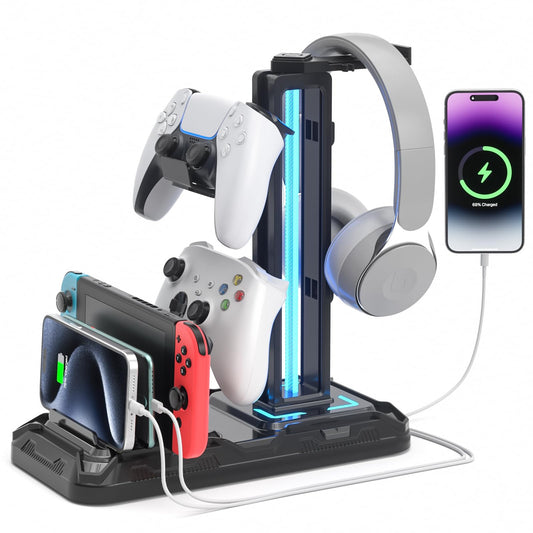 Ergonomic Headset Stand with Charging Station and Detachable Controller Holder.