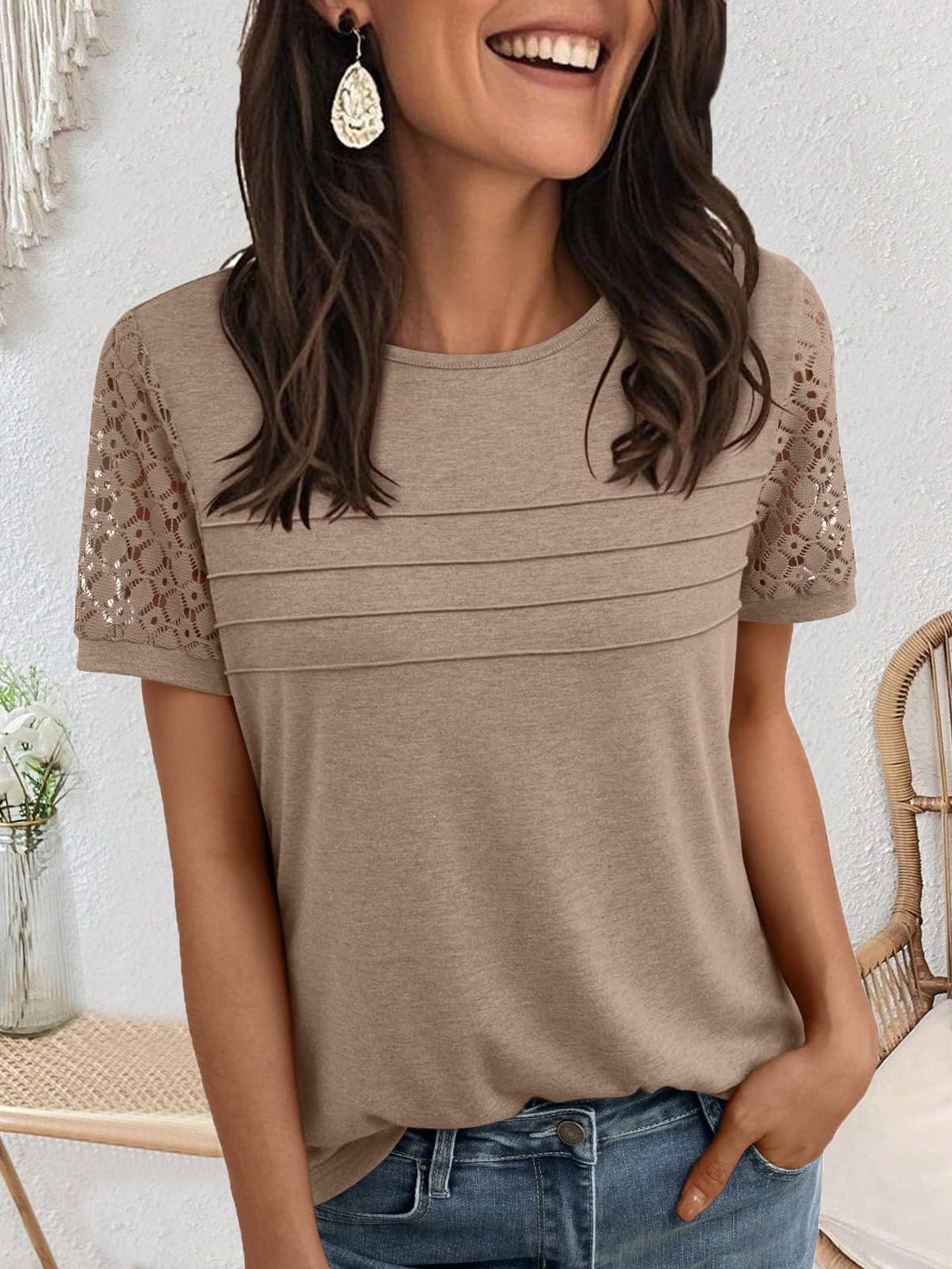 Khaki Short Sleeve Lace Top for Women - Casual Summer Work Outfit Blouse 2025