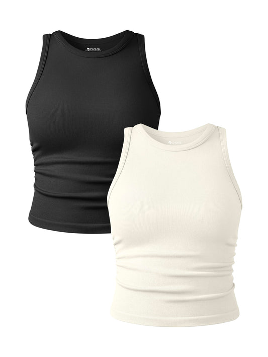 OQQ Women's 2 Piece Tank Tops Crew Neck Sleeveless Basic Stretch Casusal Yoga Crop Camis.